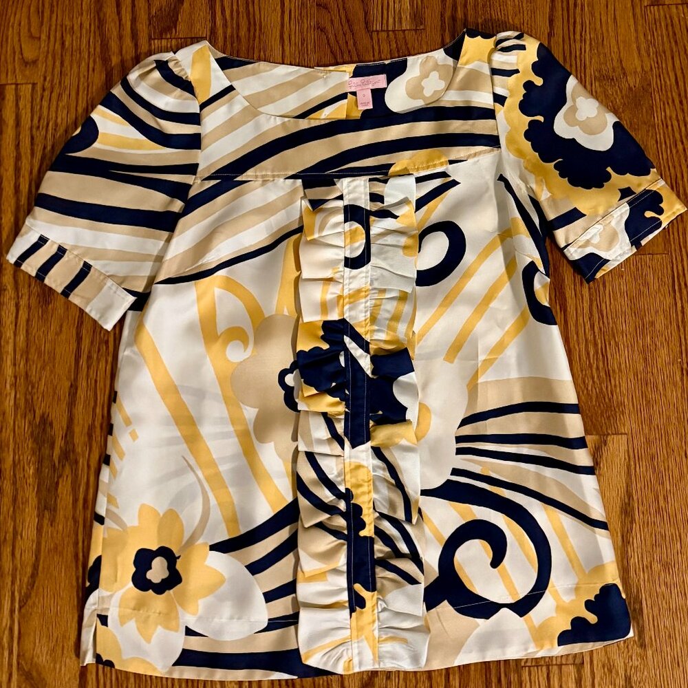 Lilly Pulitzer Silk Blouse | Yellow Navy Floral Print | Size 0